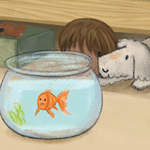 fish in a bowl and dog under bed