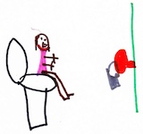 child's drawing of a person
      sitting on a toilet with a door and lock